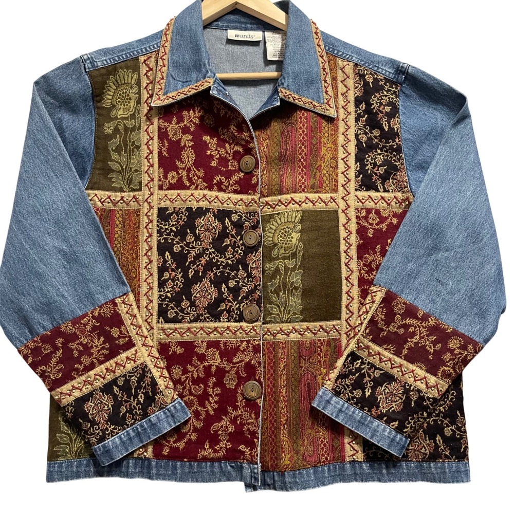 Units Women Denim Jacket Large Blue Patchwork Boho Floral Embroidered Tapestry